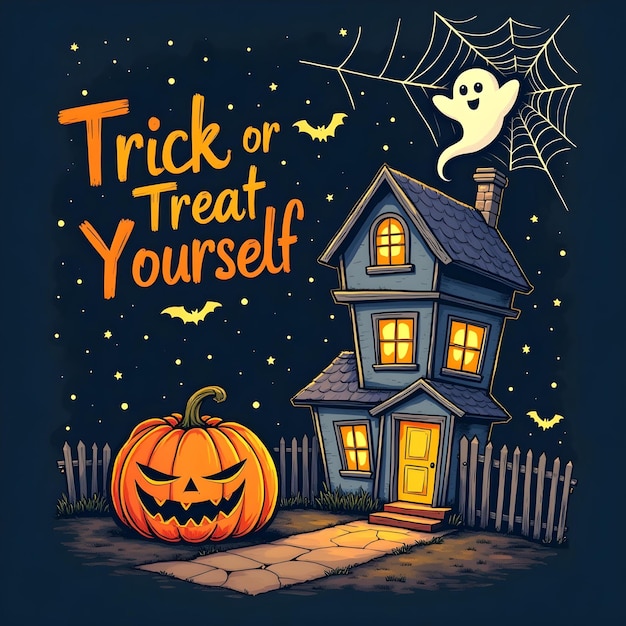 Halloween Background with ghost house and witch