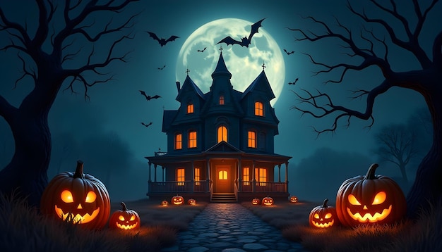 Halloween Background with ghost house and witch