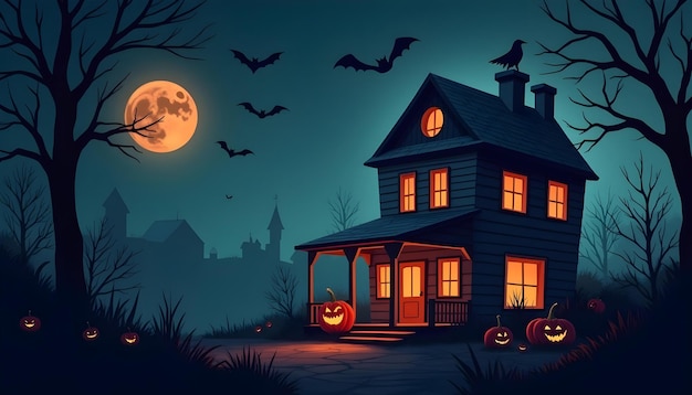 Halloween Background with ghost house and witch