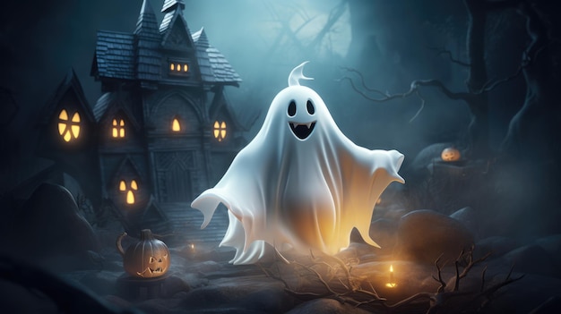 Halloween background with ghost and pumpkins Generative AI