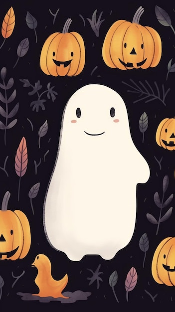 Halloween background with ghost and pumpkins