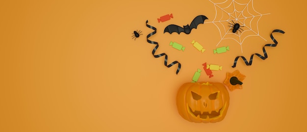 Halloween background with grinning pumpkin bats and spider decorated on orange background 3D render