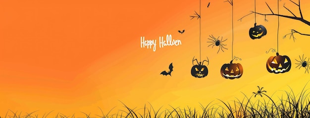 Photo halloween background with hanging pumpkins spider and grass on orange color