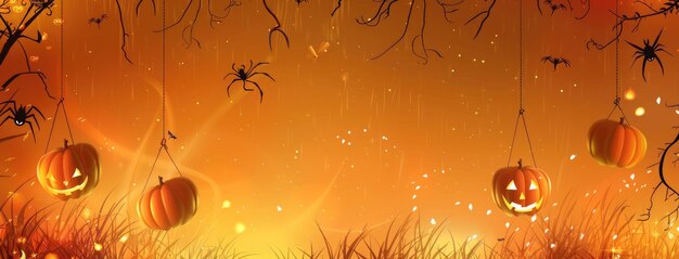 Photo halloween background with hanging pumpkins spider and grass on orange color