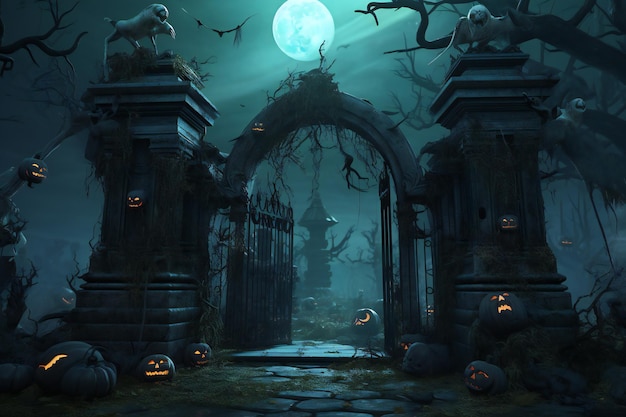 Halloween background with haunted castle and full moon