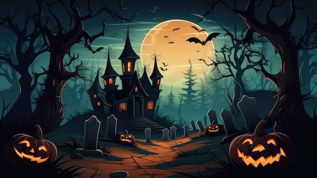 Halloween background with haunted castle graveyard and pumpkins