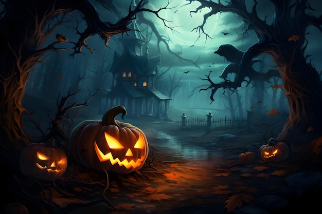 Halloween background with haunted house in deep forest with evil pumpkins