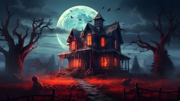 Halloween background with haunted house and full moon