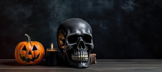 Halloween background with human skull candles and pumpkin on wooden table