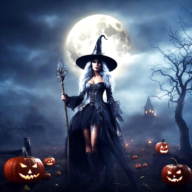 Halloween background with moon and witch