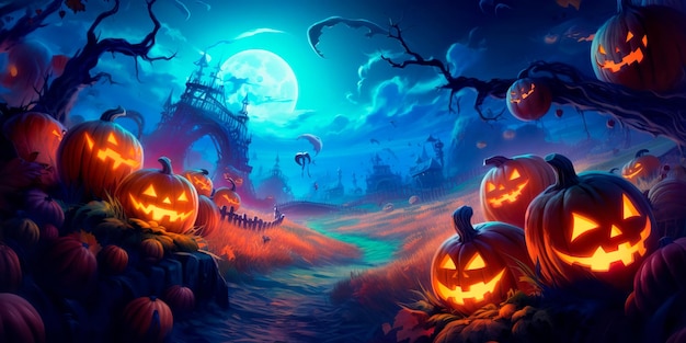 Halloween background with a moonlit pumpkin patch flying witches and a chilling breeze Generative AI