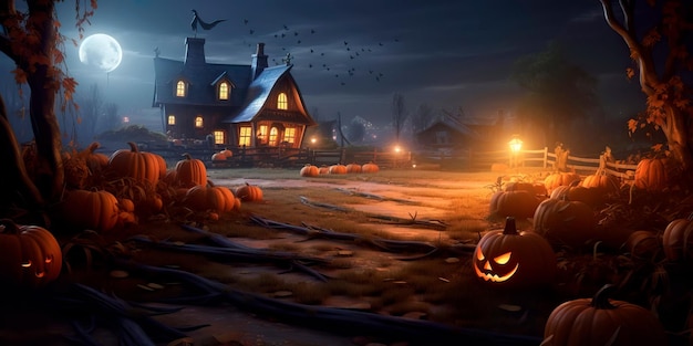 Halloween background with a moonlit pumpkin patch flying witches and a chilling breeze Generative AI