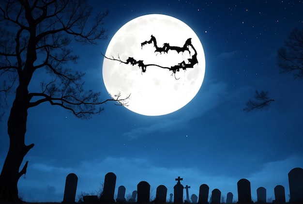 Halloween background with old cemetery gravestones spooky leafless trees moon on night sky