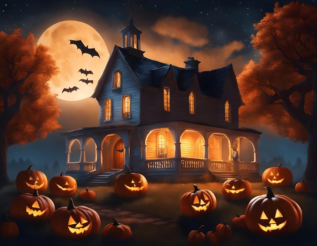 Halloween background with pumpkin moon ghost house