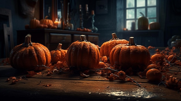 Halloween background with pumpkins candles and autumn leaves Selective focusgenerative ai