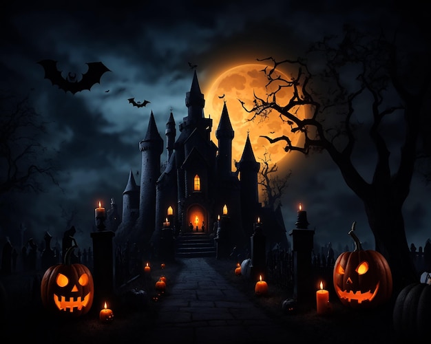 Halloween background with pumpkins candles and bat