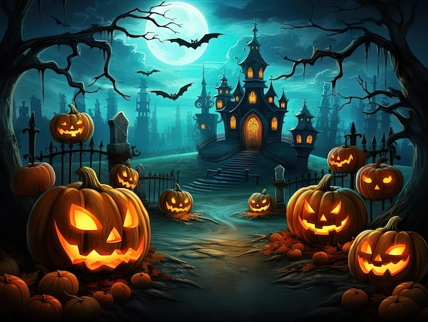 halloween background with pumpkins and a castle