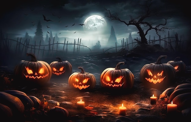 Halloween background with pumpkins and cemetery