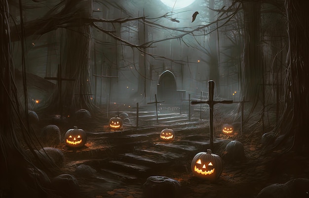 Halloween background with pumpkins and cemetery