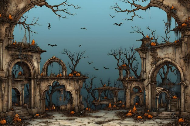 Halloween background with pumpkins and cemetery