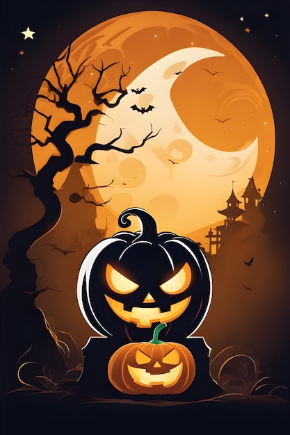 Halloween background with pumpkins and full moon Vector illustration