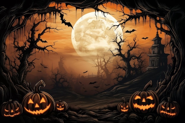 Halloween background with pumpkins and full moon