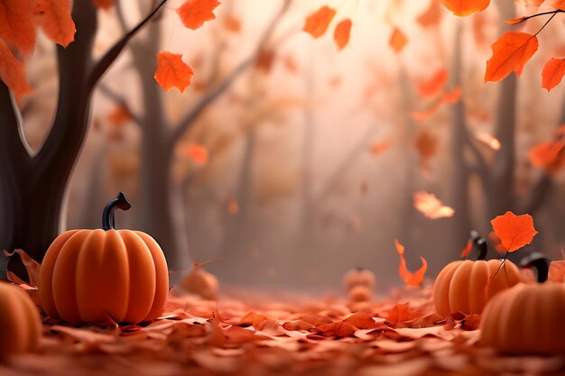 Halloween background with pumpkins and haunted house 3D render