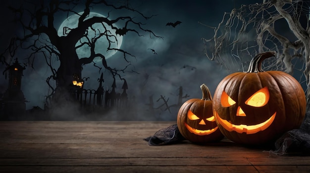 Halloween background with pumpkins and a haunted house