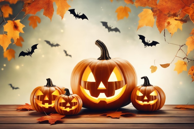 Halloween background with pumpkins and leaves