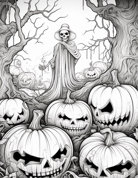 Halloween background with pumpkins and trees Black and white illustration