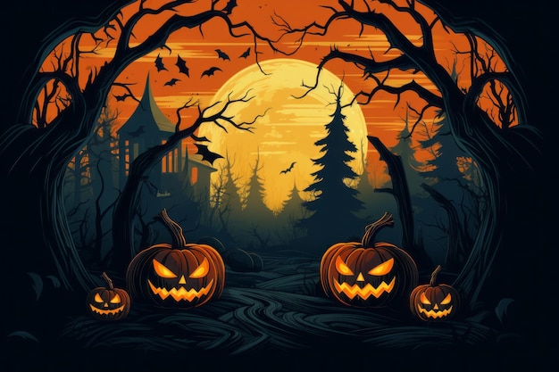 a halloween background with pumpkins and trees