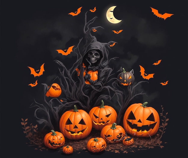 Halloween background with pumpkins witch castle and bats