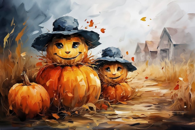 Halloween background with pumpkins and witch's hat watercolor painting