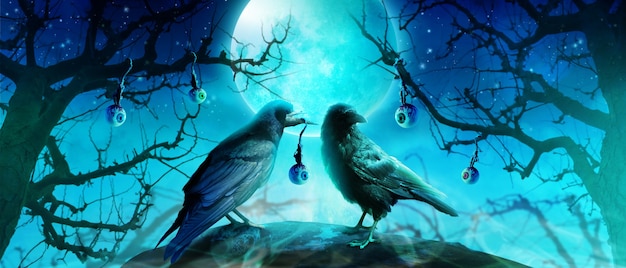 Halloween background with raven in a spooky night.