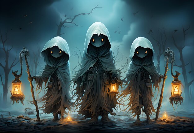 Halloween background with scary ghosts in the forest vector illustration