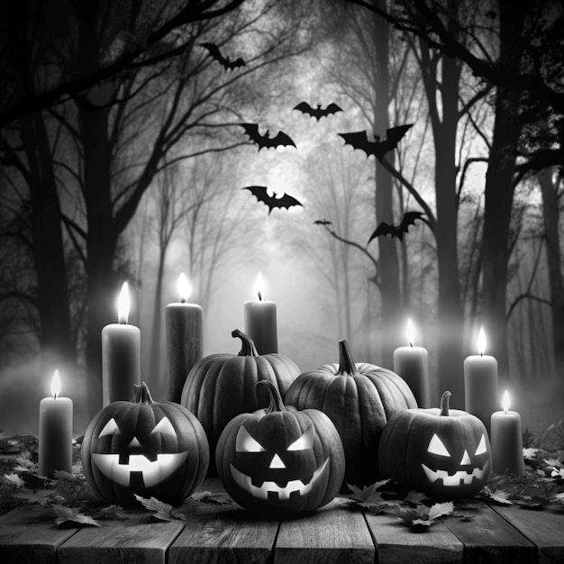 Halloween background with scary pumpkins candles and bats in a dark forest at night