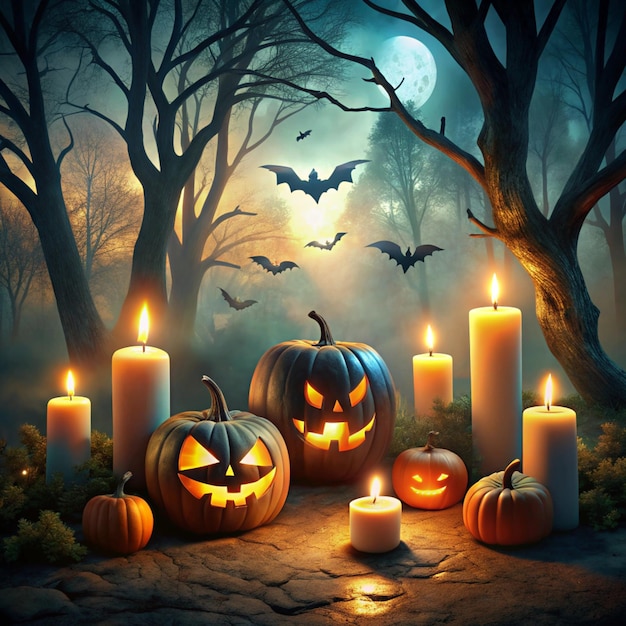 Halloween background with scary pumpkins candles and bats in a dark forest at night