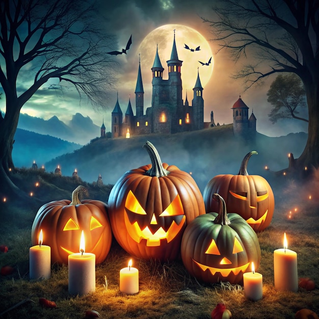 Halloween background with scary pumpkins candles and bats in a dark forest at night