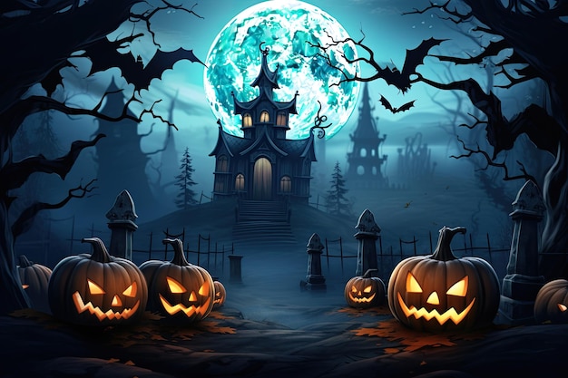 Halloween background with scary pumpkins candles in the graveyard at night with a castle background