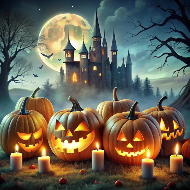 Halloween background with scary pumpkins candles in the graveyard at night with a castle background