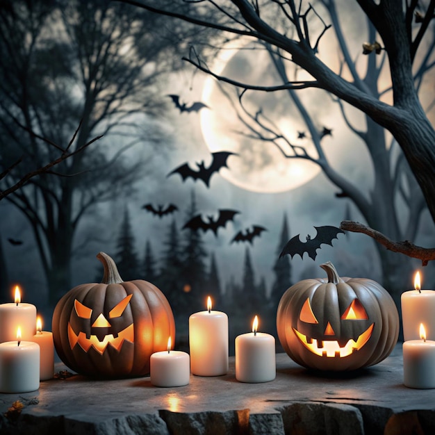 Halloween background with scary pumpkins candles in the graveyard at night with a castle background