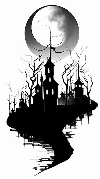 Photo halloween background with scary pumpkins candles in the graveyard at night with a castle background