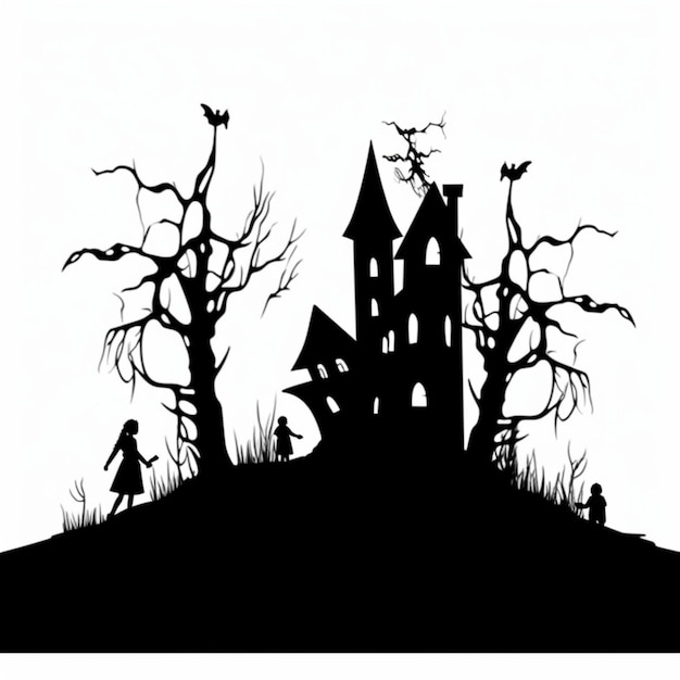 Photo halloween background with scary pumpkins candles in the graveyard at night with a castle background