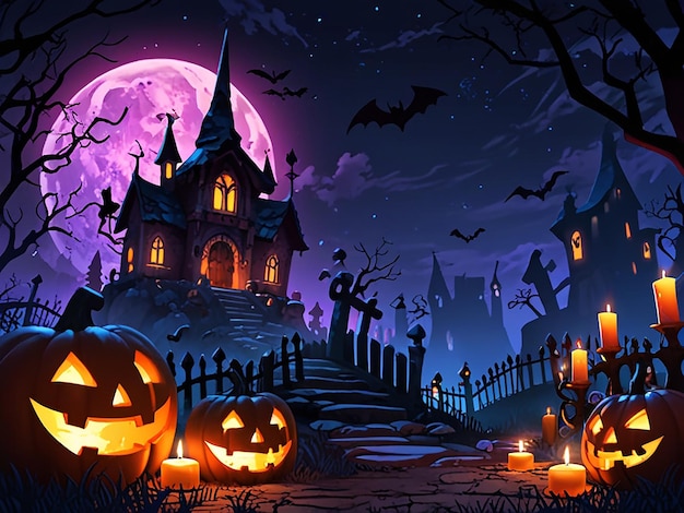 Halloween background with scary pumpkins candles in the graveyard at night