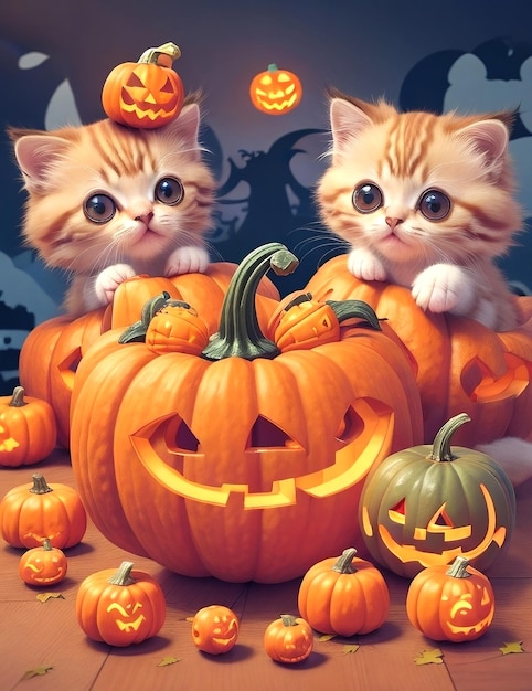 Halloween background with scary pumpkins and a cat Generated AI