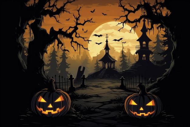 Halloween background with scary pumpkins cemetery and castle and bats