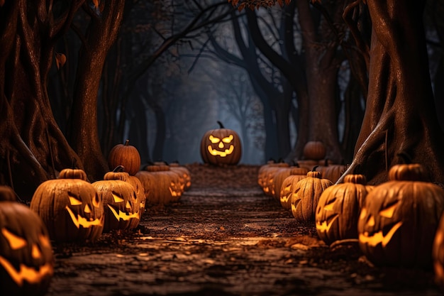 Halloween background with scary pumpkins in dark forest