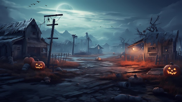 Halloween background with scary pumpkins and house haunted in a dark night