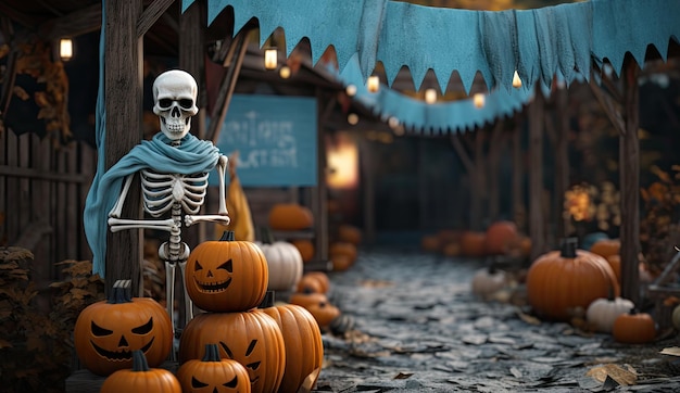 Halloween background with skeleton and pumpkins 3d rendering