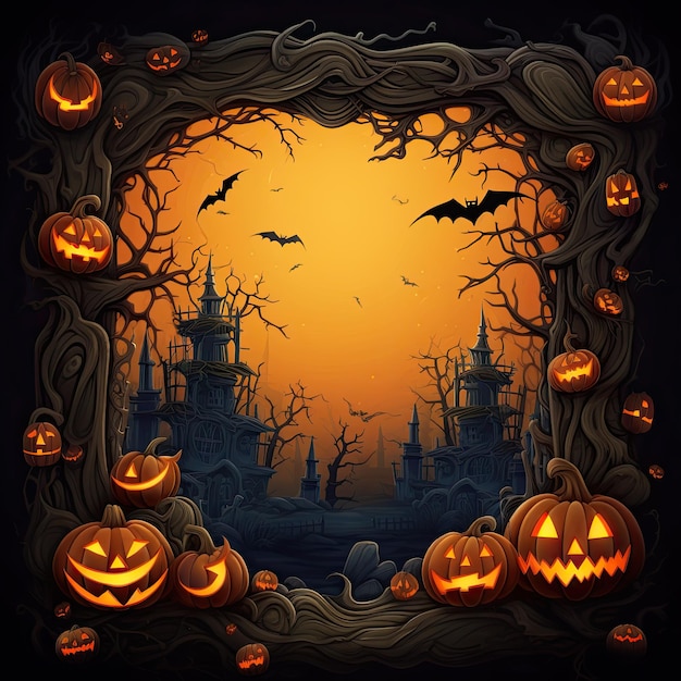 Halloween background with a spooky border of Jack o Lanterns